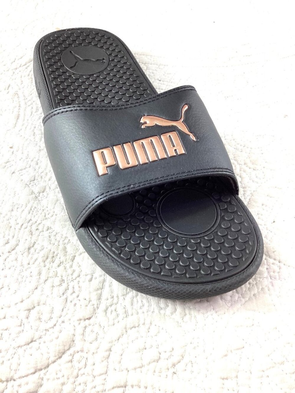 Puma Womens Slide Sandals*Flip flops*US 8*Black & Rose Gold Casual Slip-On*EUC